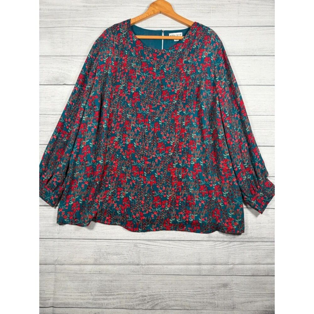 Ava & Viv Womens 3X Teal Red Floral Pleated Long Sleeve Blouse Plus Size 4240